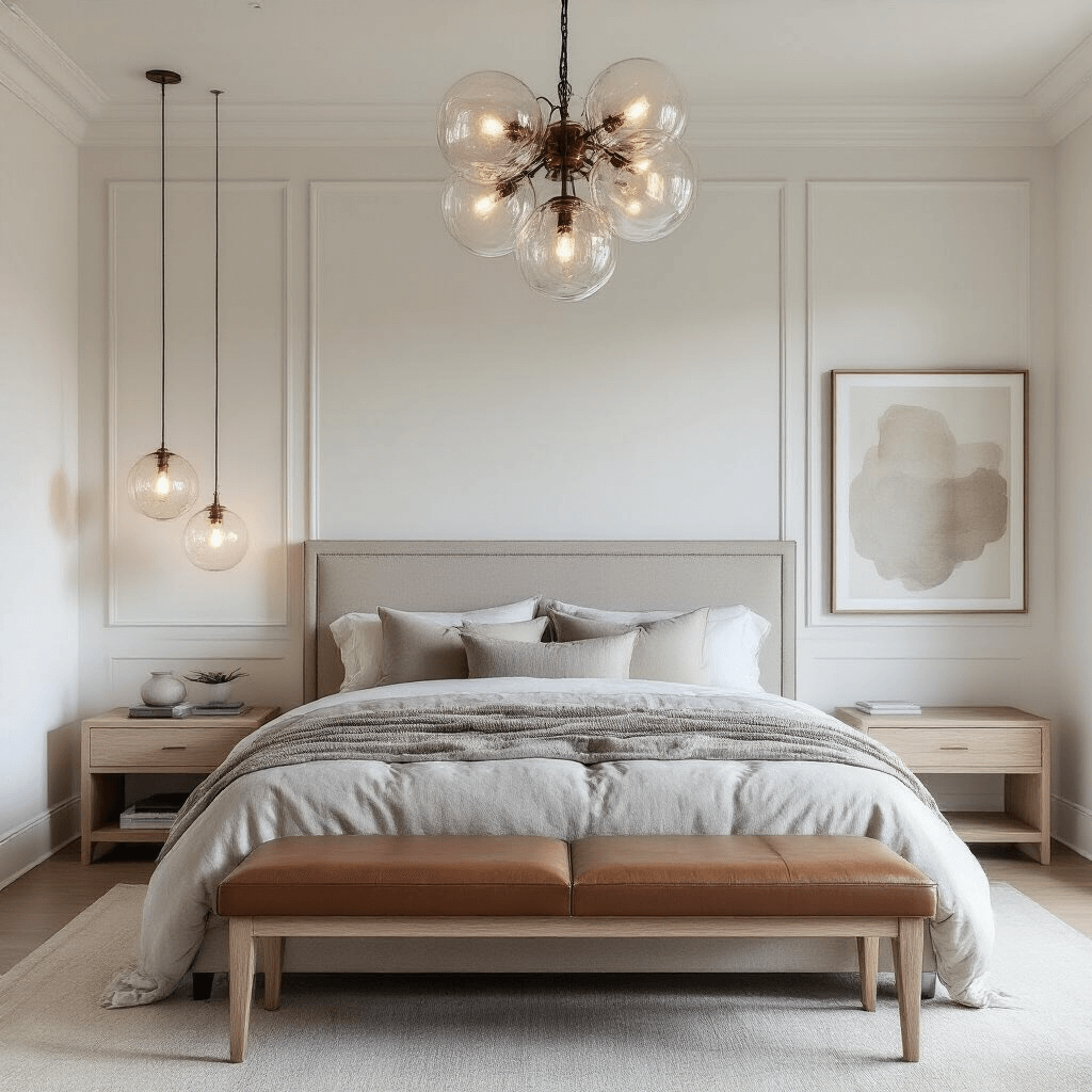 A minimalist primary bedroom with 10ft ceilings, crown molding, and a bed in greige linen between bleached oak nightstands, illuminated by a handblown glass chandelier during blue hour, featuring a cognac leather reading bench and muted abstract artwork.