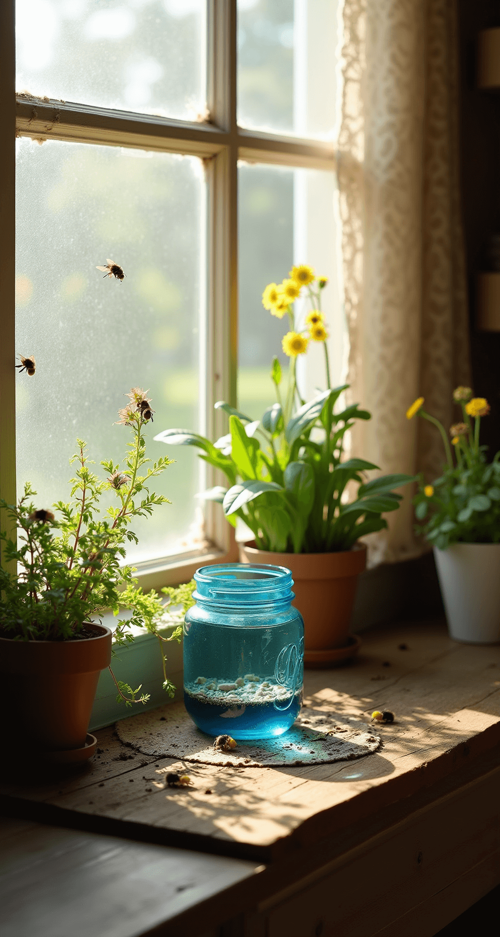 A rustic farmhouse kitchen bathed in early morning sunlight, featuring a DIY bee watering station made from a vintage blue mason jar and chicken feeder base on a reclaimed wood windowsill, surrounded by potted herbs and wildflowers, with delicate bee silhouettes visible against the bright window.