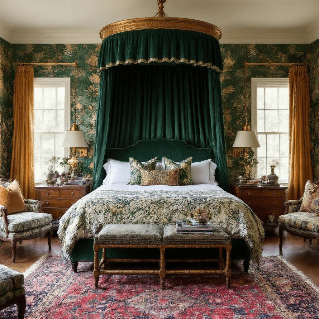 A vibrant primary bedroom featuring a dramatic canopy bed with jewel-toned velvet and block-printed linens, flanked by twin brass pharmacy lamps. The walls are adorned with deep emerald and gold hand-painted botanical wallpaper, illuminated by morning light and soft box lighting, emphasizing rich silk curtains, vintage overdyed rugs, and eclectic global artifacts. Mixed upholstery in complementary patterns creates inviting seating areas.