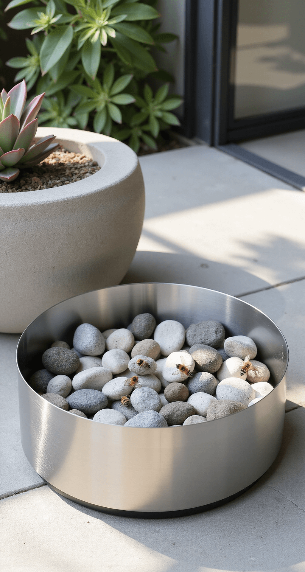 A modern patio with a sleek self-filling pet bowl serving as a bee bar, featuring smooth river rocks and bees lounging in bright sunlight, surrounded by minimalist concrete planters with drought-resistant succulents in muted colors.