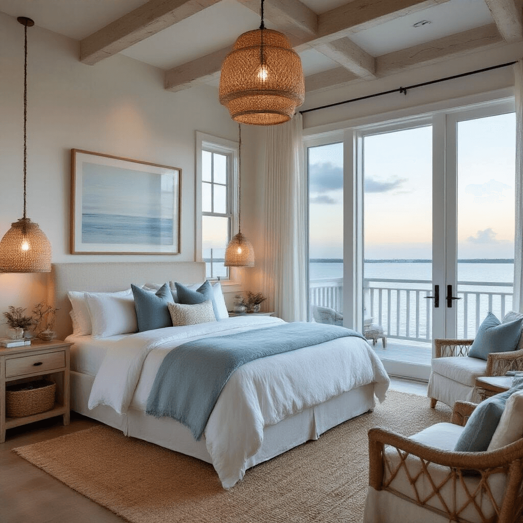 A coastal-inspired primary retreat at dusk featuring a king bed with white and sea glass blue linens, floor-to-ceiling windows with water views, whitewashed wooden beams, jute rugs, woven pendant lights, and a private sitting area with slipcovered chairs, all bathed in soft ambient lighting.