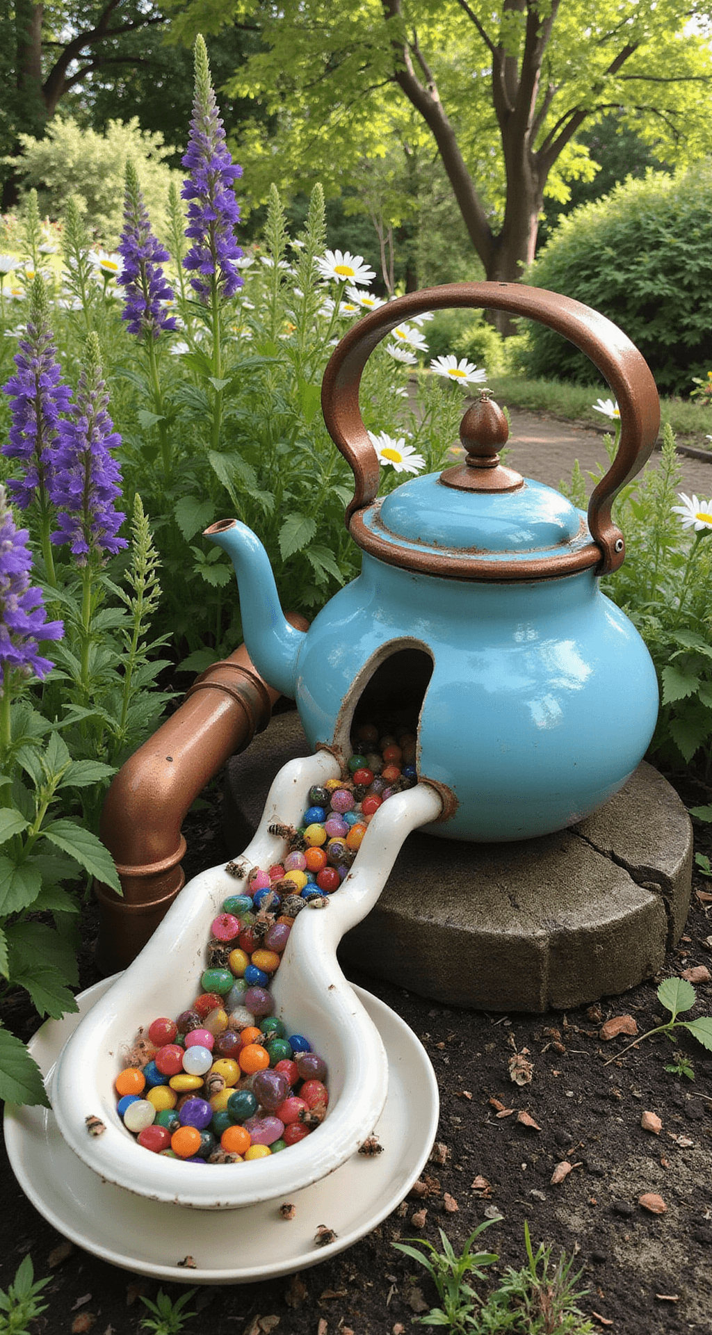 A whimsical cottage garden in late spring features a three-part bee spa made from repurposed items, including a blue enamel kettle, copper pipes, and a ceramic saucer filled with marbles. Bees are busy flitting between the water source and blooming foxgloves and daisies, all under dappled sunlight filtering through tree branches.
