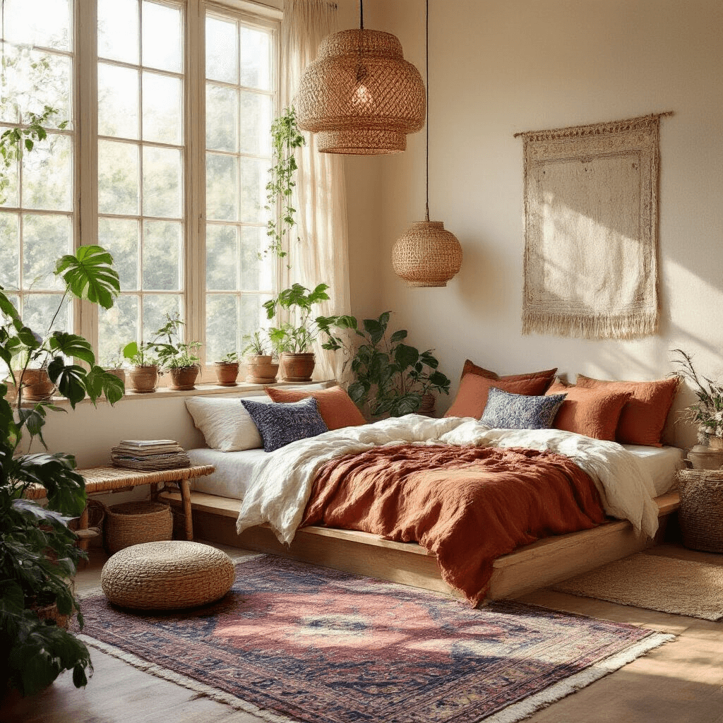 Bohemian bedroom bathed in golden hour light, showcasing a low-profile wooden platform bed with cream linens and rust quilts, accented by indigo pillows. Rattan pendant lamp casts warm shadows; potted monstera and pothos grace the windows. A vintage Persian rug in muted rose and navy anchors the space, complemented by natural materials like a jute pouf and woven wall baskets.