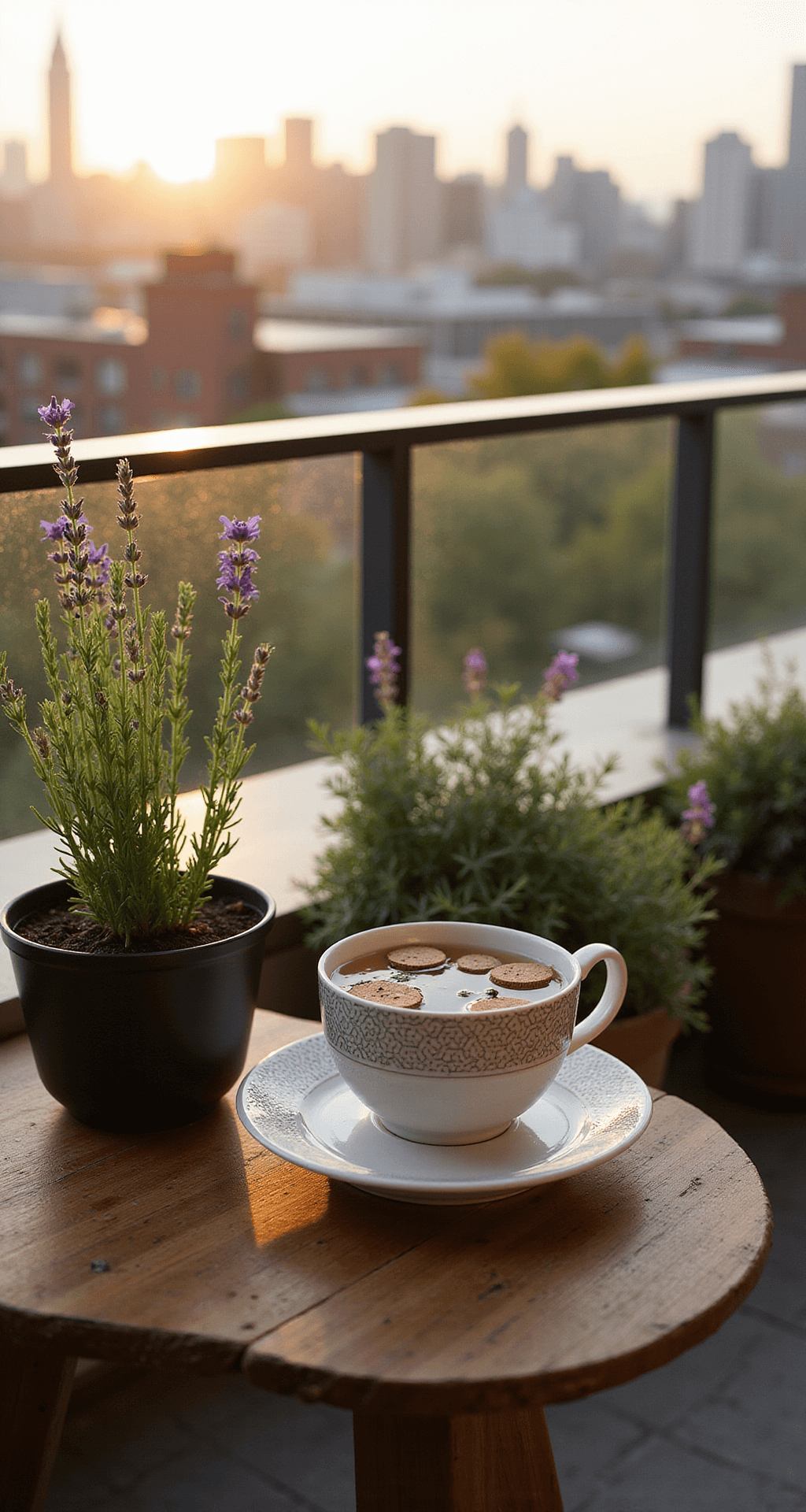 An upscale urban rooftop garden during golden hour, featuring a designer Bee Cup™ watering station on a modern teak side table, surrounded by potted lavender and rosemary plants. The intricate porcelain cup displays a honeycomb pattern and is filled with water and floating cork discs. The city skyline looms in the background, creating a sophisticated, bee-friendly atmosphere.