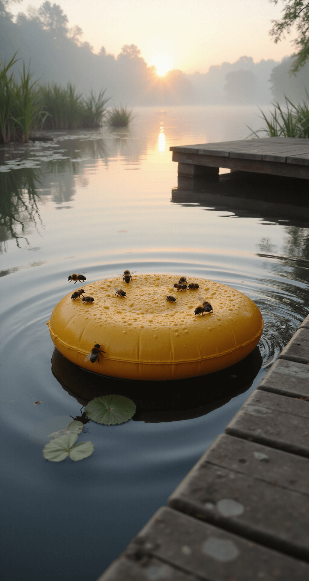 A serene lakeside scene at dawn featuring a Bee Pontoon float with a honeycomb surface, small pools of water, and bees drinking, surrounded by cattails and water lilies. The warm glow of the rising sun illuminates the tranquil atmosphere, captured from a low angle near the water's surface.