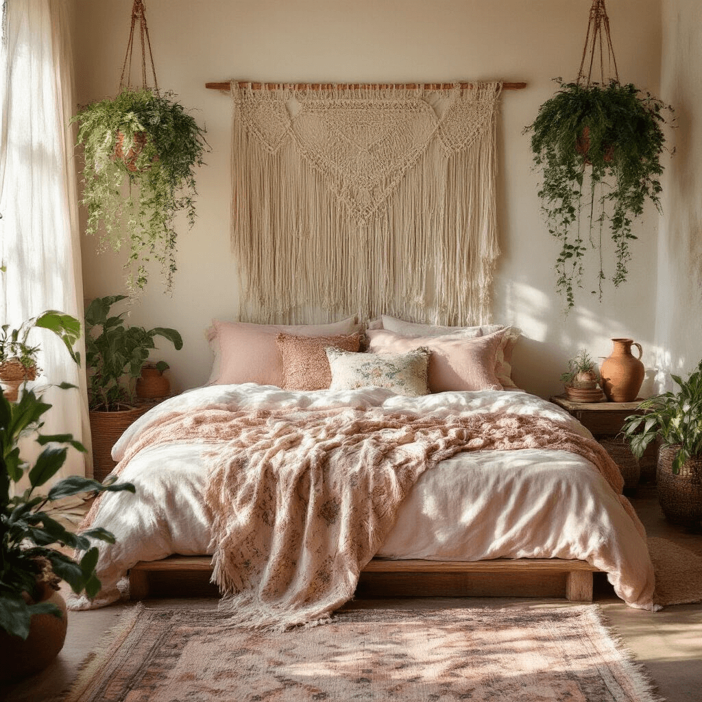 Intimate boho sanctuary with morning light filtering through sheer curtains, showcasing a handcrafted macramé headboard above a low platform bed adorned with vintage Moroccan blankets, blush linen duvet, and embroidered cushions, framed by hanging plants and accented with terracotta pots and brass details, captured with soft focus on textures.