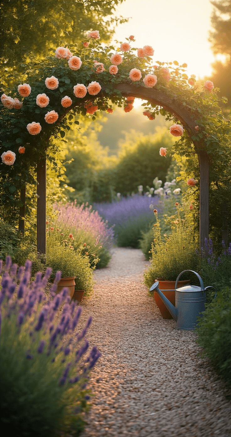 A sunlit cottage garden at golden hour, featuring meandering gravel paths bordered by soft apricot Boscobel roses and a weathered wooden arch with climbing New Dawn roses, alongside a vintage zinc watering can and terracotta pots, with lavender and foxgloves creating a purple haze in the middle distance, all captured with a natural bokeh effect.