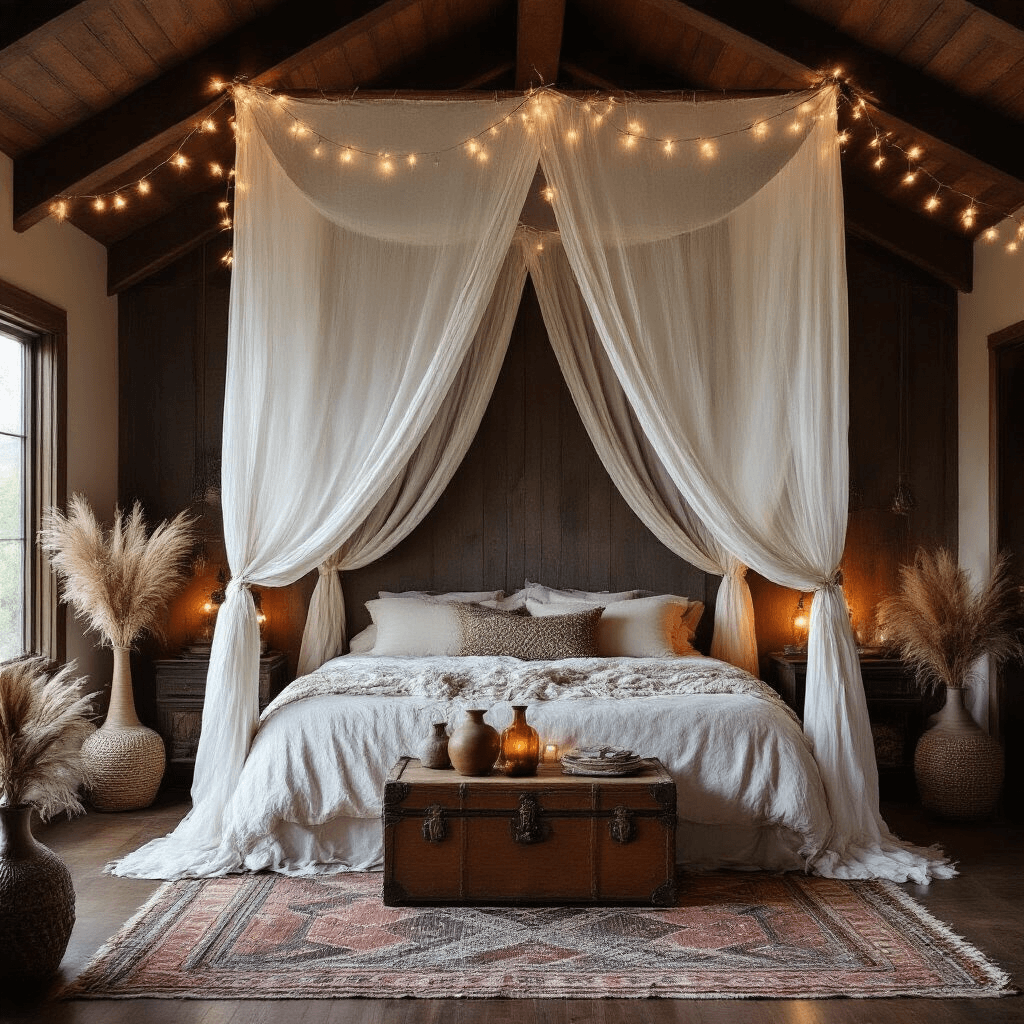 A cozy twilight boho bedroom featuring a canopy bed with white muslin drapes, warm string lights on exposed beams, layered patterned rugs, ceramic vases with pampas grass, a vintage trunk nightstand with an amber glass lamp, and a moody candlelit atmosphere.
