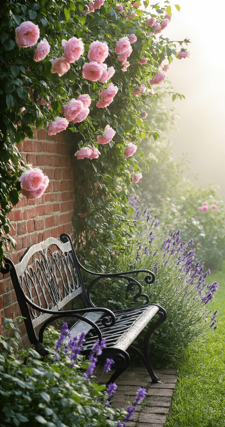 Close-up of an antique wrought iron bench in a serene early morning garden nook, surrounded by powder pink Queen of Sweden roses and delicate campanula and salvia, with dew drops sparkling in soft diffused light against an aged brick wall.