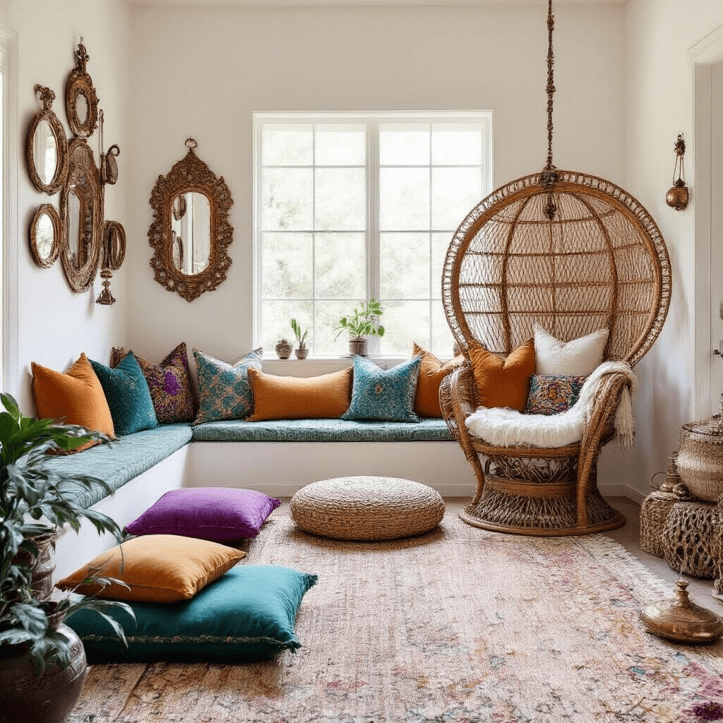 A boho bedroom corner featuring a meditation nook with jewel-toned floor cushions, a central oversized rattan peacock chair draped in a hand-knotted throw, a gallery wall of vintage mirrors, and brass incense holders alongside crystal clusters reflecting natural light, set against whitewashed walls.
