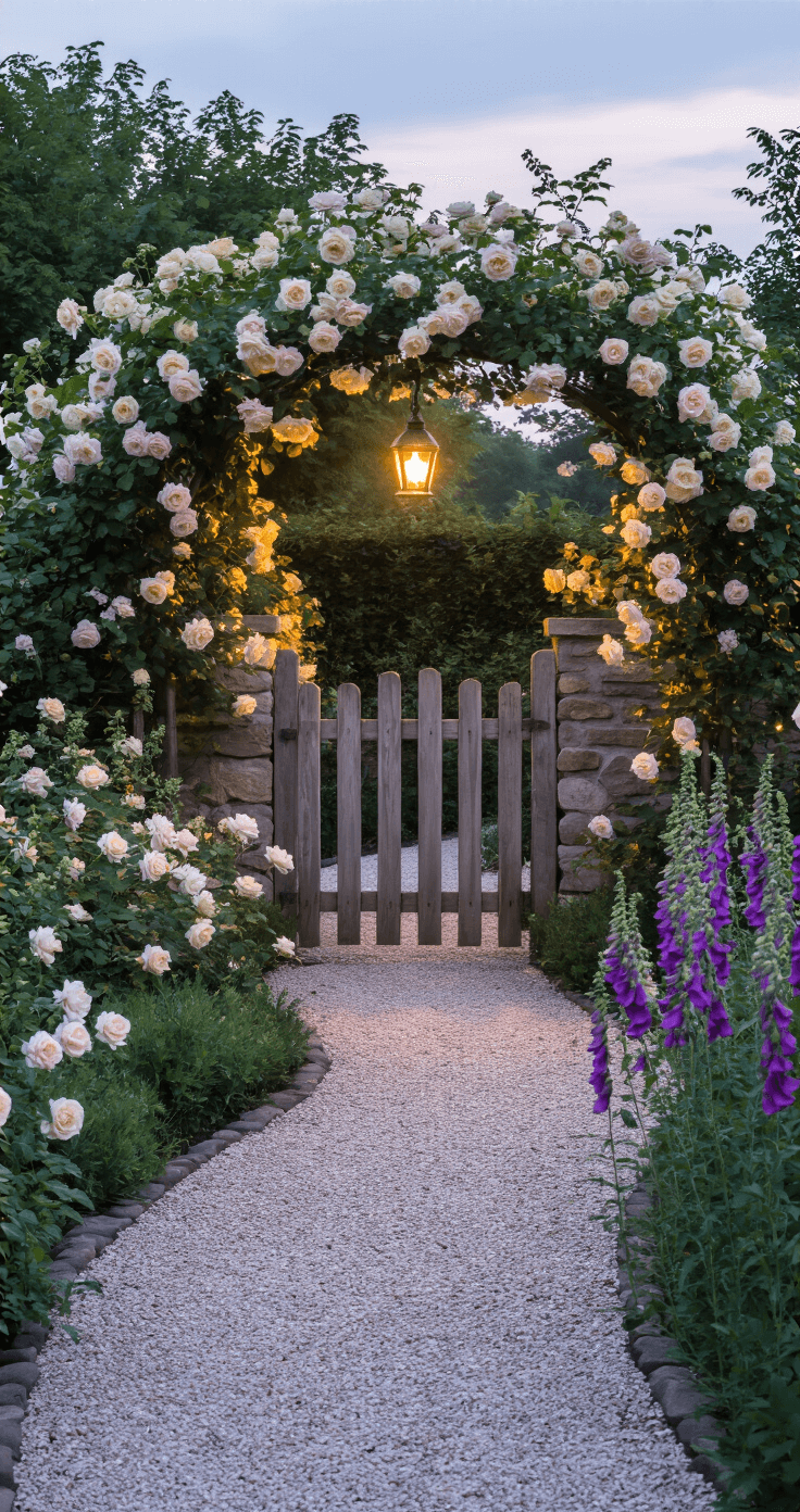 Intimate garden pathway at dusk with a curved gravel path leading to a rustic wooden gate, surrounded by creamy white and blush pink David Austin roses, a vintage lantern casting a warm glow, purple foxgloves adding vertical interest, and a moody evening atmosphere.