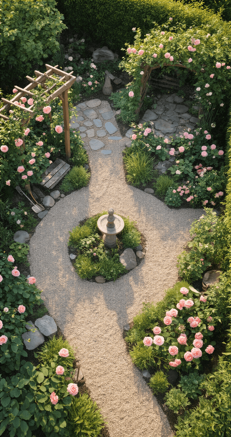 Overhead drone shot of a 40x60ft cottage garden featuring soft pink Gentle Hermione roses arranged in informal drifts, with gravel paths weaving through lush planted areas. Rustic elements like a wooden arbor, stone bird bath, and vintage garden tools are strategically placed. Morning light casts gentle shadows, highlighting the garden's design.