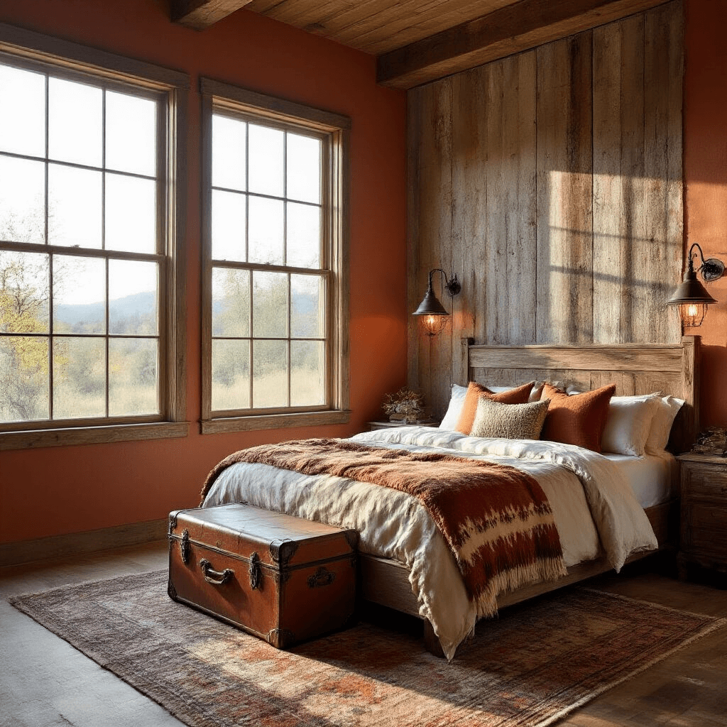 Spacious bedroom with a king-size bed dressed in earth-toned linens, large west-facing windows letting in golden hour sunlight, reclaimed barn wood feature wall, vintage leather trunk, and wrought-iron wall sconces, all creating a warm, nostalgic atmosphere.