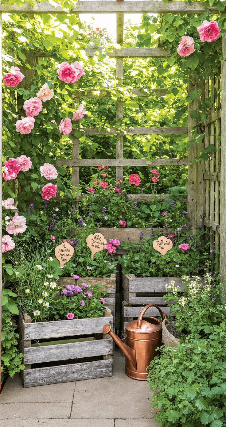 A sunlit corner of a secret garden featuring weathered trellises adorned with climbing roses, upcycled wooden crate planters filled with assorted cottage flowers, and a thrifted copper watering can alongside handmade clay markers, all captured from an elevated angle to reveal the lush, layered planting.