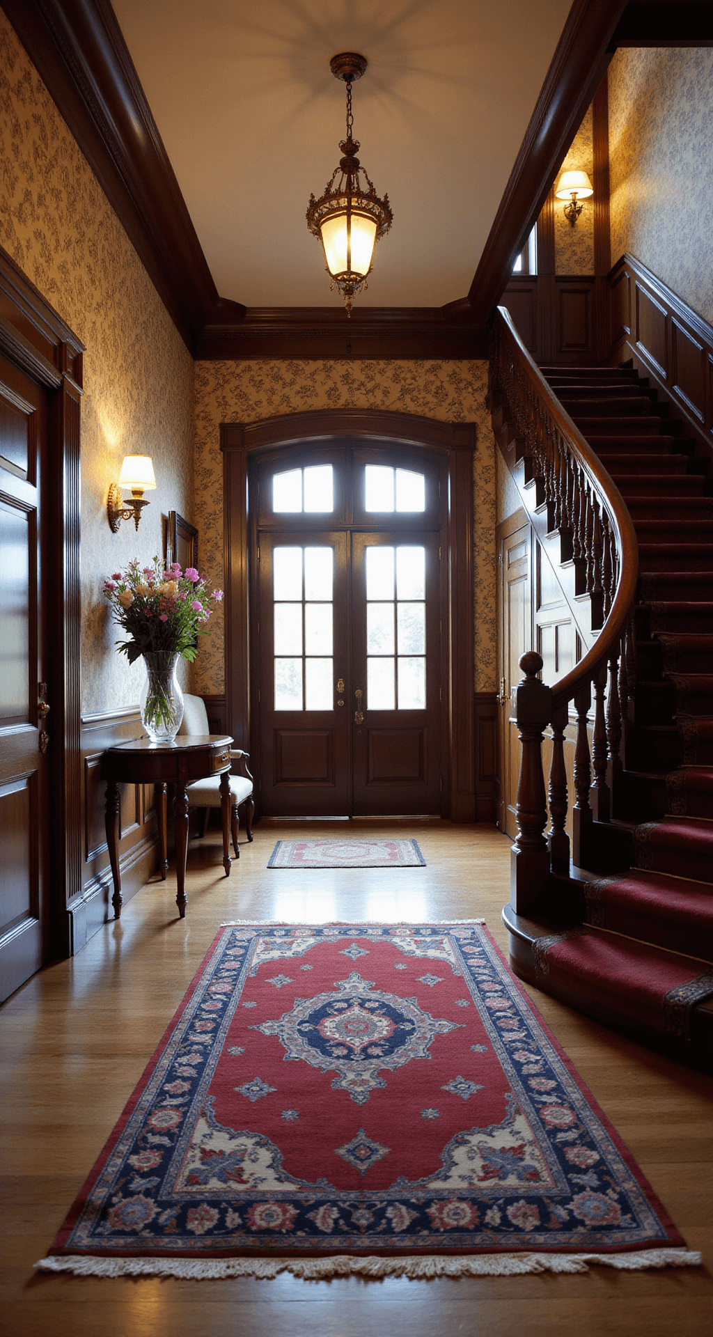 Interior of a grand Victorian foyer featuring dark wood paneling, floral wallpaper, a sweeping staircase, and a round mahogany table with fresh wildflowers, illuminated by warm ambient light from brass sconces.