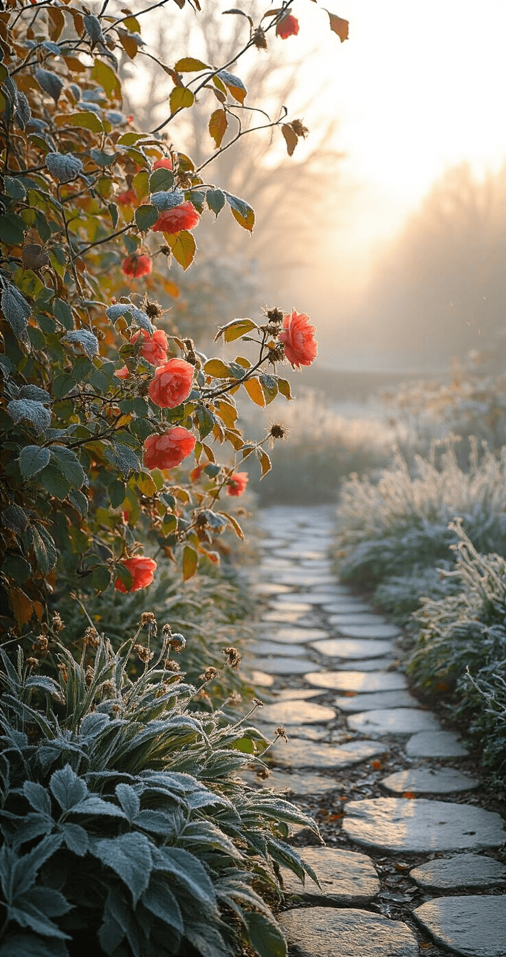 A dawn garden portrait showcasing frost-kissed autumn scenery with mature coral rose hips highlighted by silvery light, surrounded by structured borders of seed heads and colorful foliage, featuring a natural stone pathway leading through a deep border, all captured from a ground-level perspective to emphasize delicate frost details.