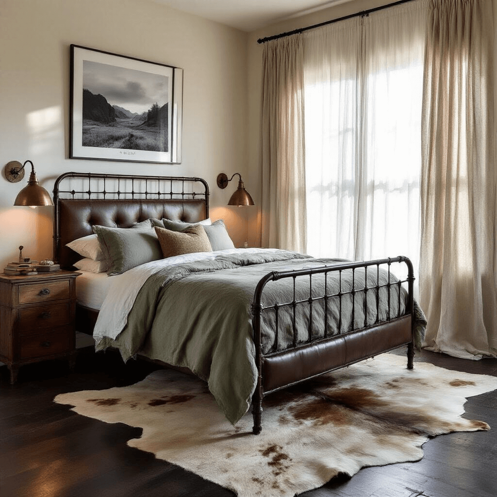 A cozy Western bedroom at dawn featuring an antique iron bed with leather headboard, layered sage green bedding, a cowhide rug on dark hardwood floors, and a striking black and white landscape photograph above, illuminated by soft morning light and copper table lamps.