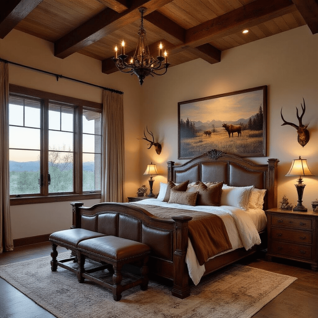 A luxurious master bedroom at dusk, featuring a large carved wooden bed, cream linens, antler wall mounts, and distressed wooden side tables with bronze lamps, all under 10ft ceilings with exposed beams.
