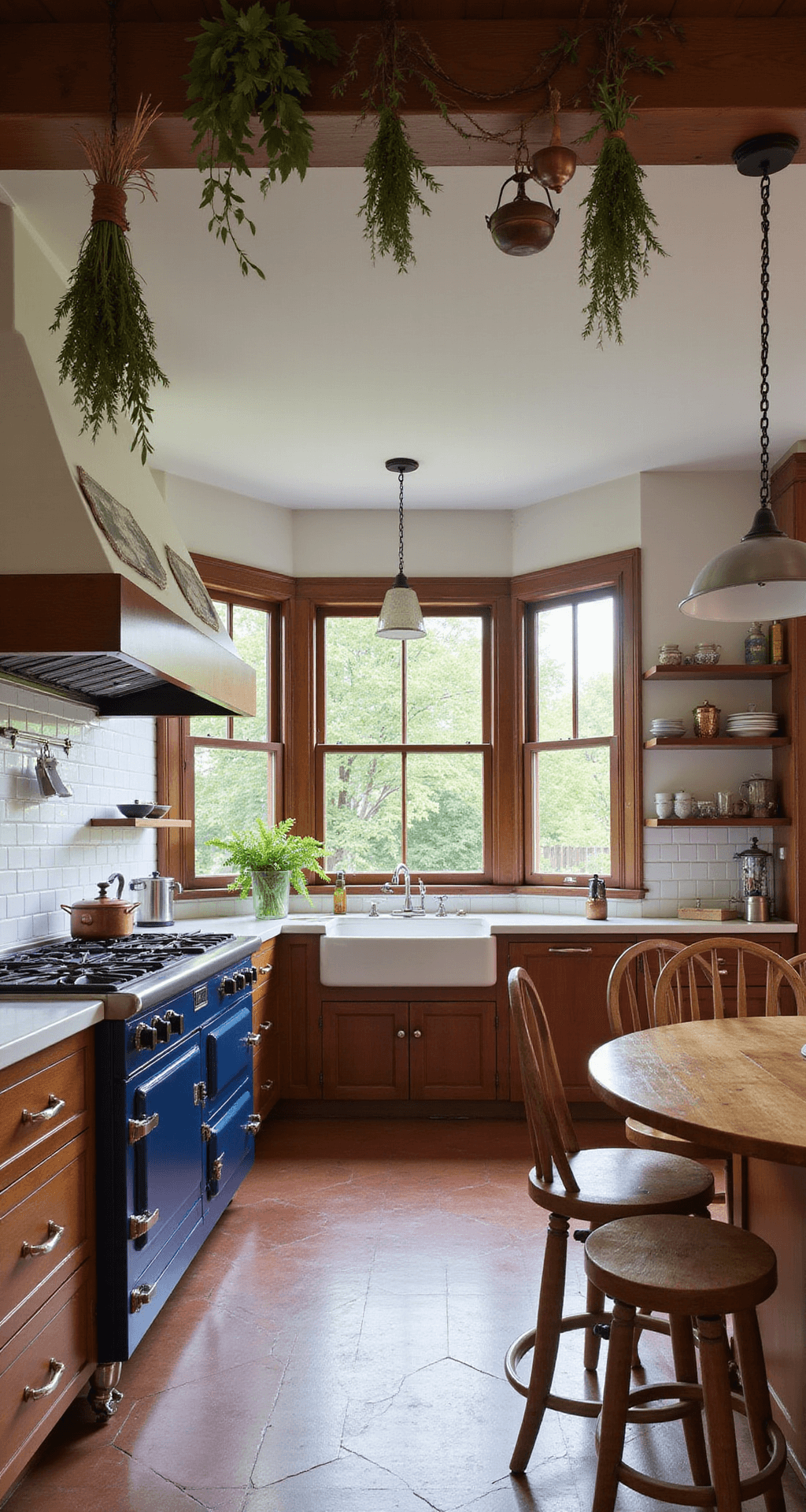 Expansive Victorian kitchen with large windows, deep blue Aga range, cherry wood cabinetry, farmhouse sink, butcher block island, mismatched stools, copper pots, drying herbs, breakfast nook, and terracotta floor tiles, captured in warm morning light.