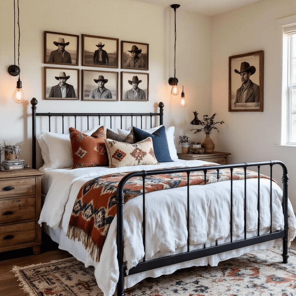 A cozy 10x12ft guest bedroom features a matte black iron bed with crisp white linens and southwestern-patterned throw pillows. A gallery wall of sepia cowboy photographs is above a rustic wooden dresser, and Edison bulb string lights provide an ambient glow. The wide-angle shot captures the intimate atmosphere and layered textures of the space.