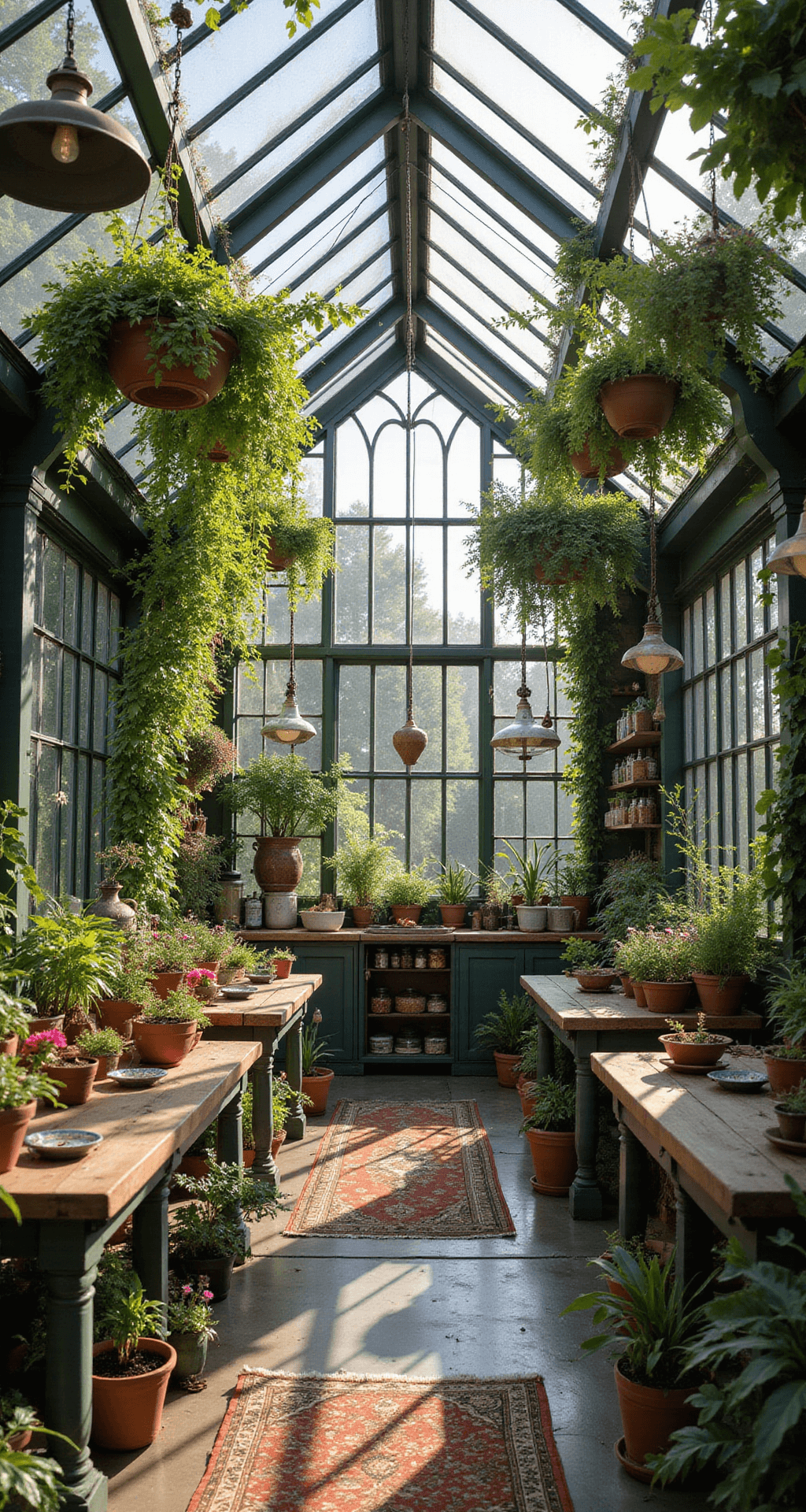 Enchanting greenhouse with a peaked glass ceiling, filled with lush greenery, wooden worktables, and hanging baskets of flowers, featuring apothecary cabinets, a stone floor, and a dreamy atmosphere illuminated by midday sunlight.