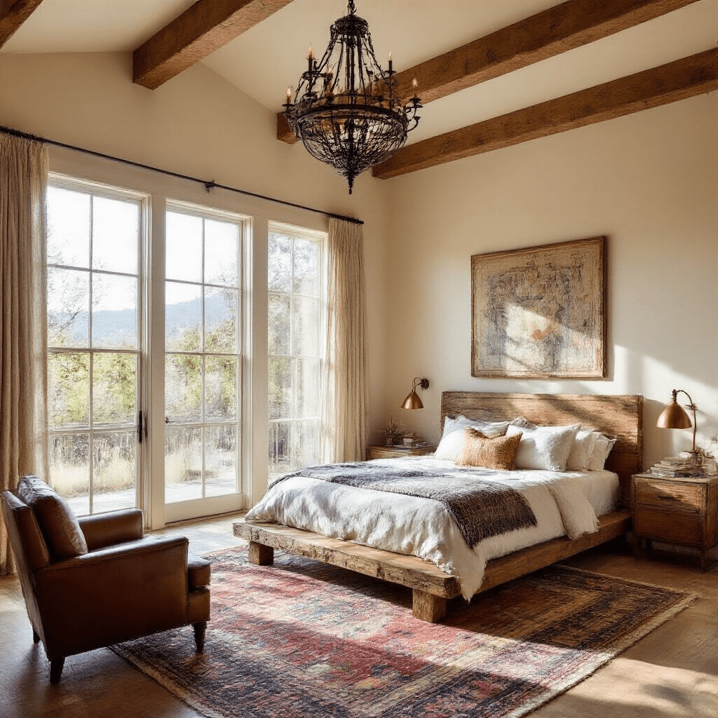 A spacious primary bedroom featuring a platform bed with a reclaimed timber frame, layered vintage Navajo rugs, and a dramatic wrought iron chandelier under a vaulted ceiling, illuminated by midday sunlight and warm accent lighting.