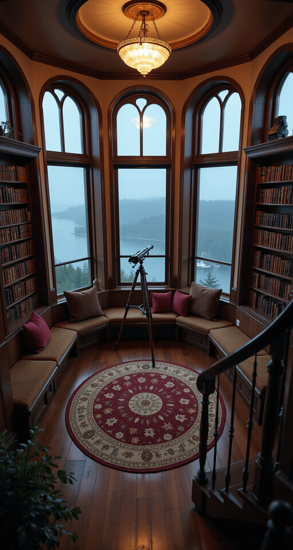 A Victorian octagonal tower room at twilight, featuring a warm antique chandelier, arched windows with misty coastal views, built-in bookshelves filled with leather-bound books, a circular celestial rug, an ornate telescope, and plush window seats, all highlighted by long shadows and a slightly eerie atmosphere.