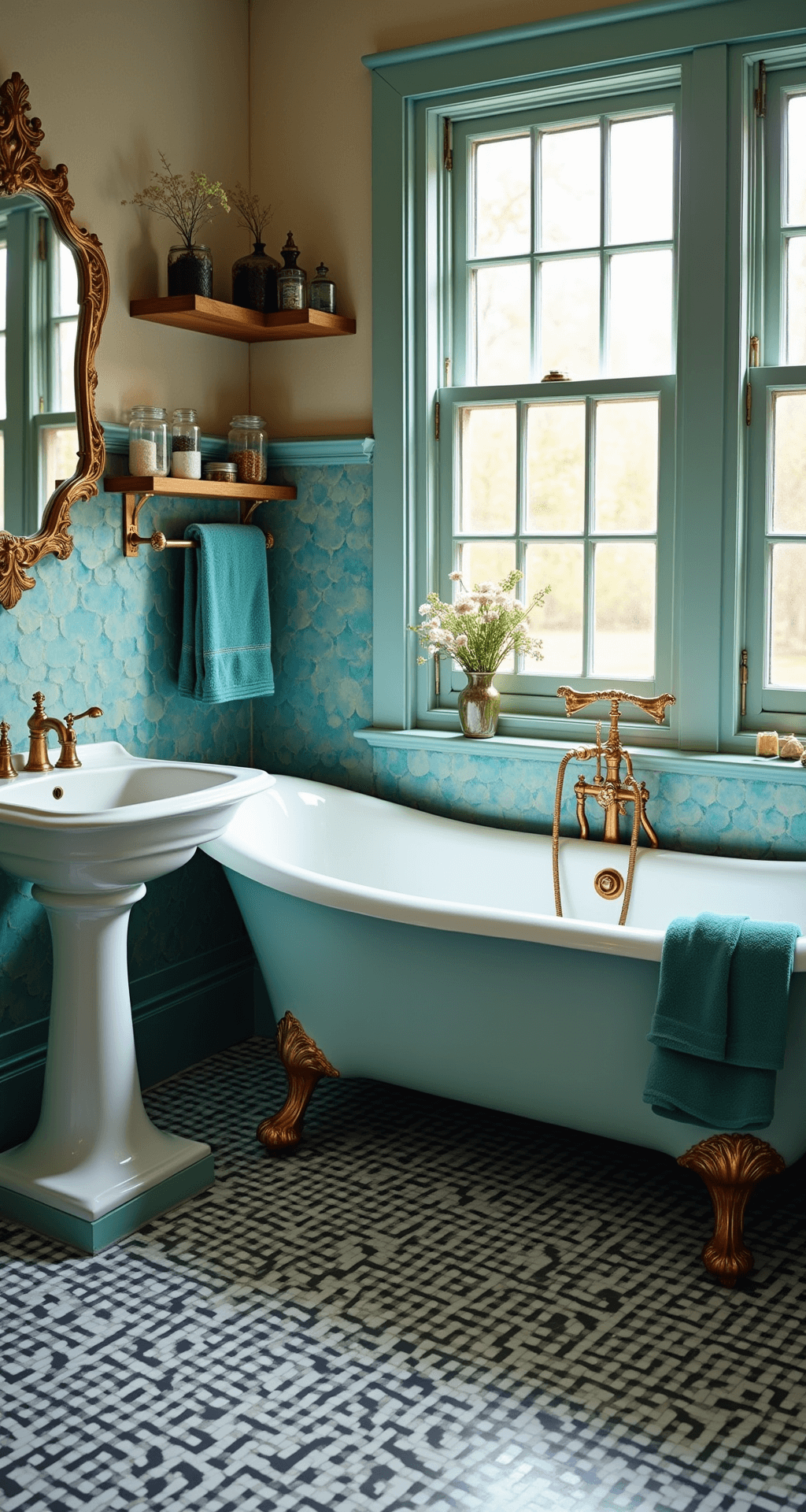 Whimsical Victorian bathroom featuring a claw-foot bathtub, pedestal sink, and iridescent mermaid-scale tiled walls, illuminated by soft morning light. Antique mirror and apothecary jars add charm, while deep teal towels drape over a heated rack amid a striking black and white patterned cement floor.