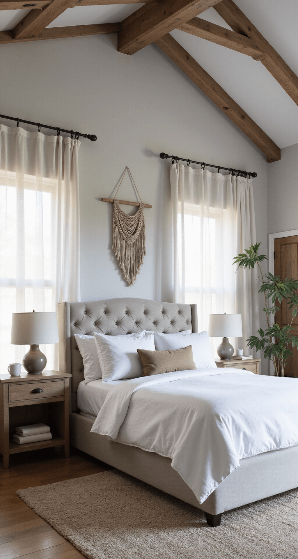 Serene master bedroom with vaulted ceilings, exposed wooden beams, and early morning light streaming through gauzy white curtains. The space features a king-size bed with a tufted gray headboard, crisp white bedding, and earth-toned throw pillows, flanked by weathered oak nightstands with ceramic lamps. A macramé wall hanging adds texture, all in a muted color palette of grays, whites, and natural wood tones, creating a calm and spacious atmosphere.