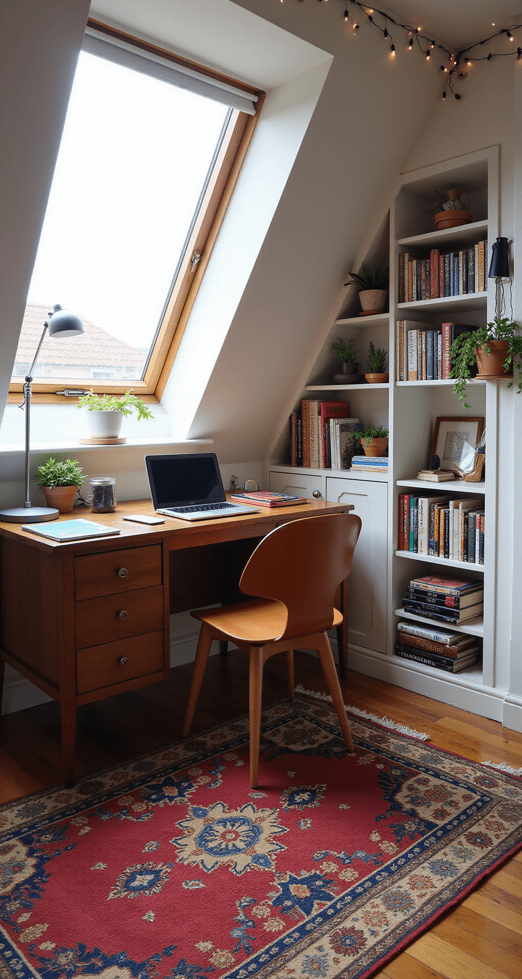 An eclectic attic home office with sloped ceilings, featuring a vintage wooden desk with a laptop and colorful stationery under a skylight, mismatched bookshelves, a vibrant Persian rug, a cognac leather chair, and string lights along the beams.