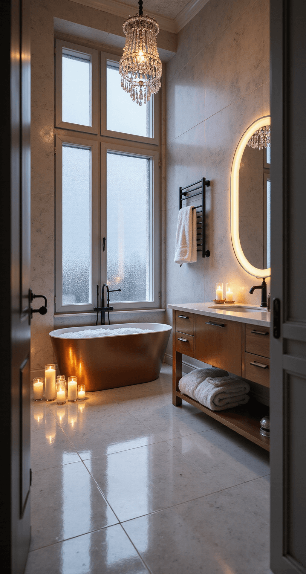 A luxurious bathroom featuring marble tiling, a freestanding copper bathtub filled with bubbles and candles, a double vanity with sleek black fixtures, and a crystal chandelier, bathed in soft evening light.