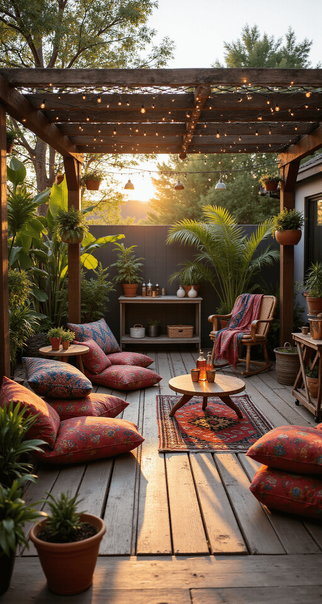 A bohemian outdoor patio with a wooden pergola draped in fairy lights, featuring colorful Moroccan cushions, low tables, potted palms, and a rustic bar cart, all bathed in warm golden hour sunlight.