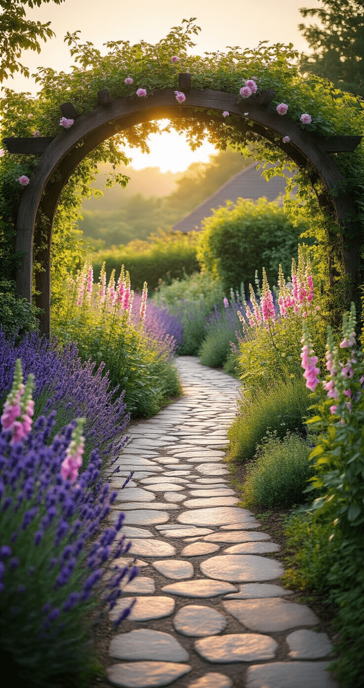 A winding stone pathway through a vibrant cottage garden at golden hour, bordered by lavender and pink foxgloves, under a wooden rose arch, with rich foreground texture and soft bokeh of delphiniums and hollyhocks.
