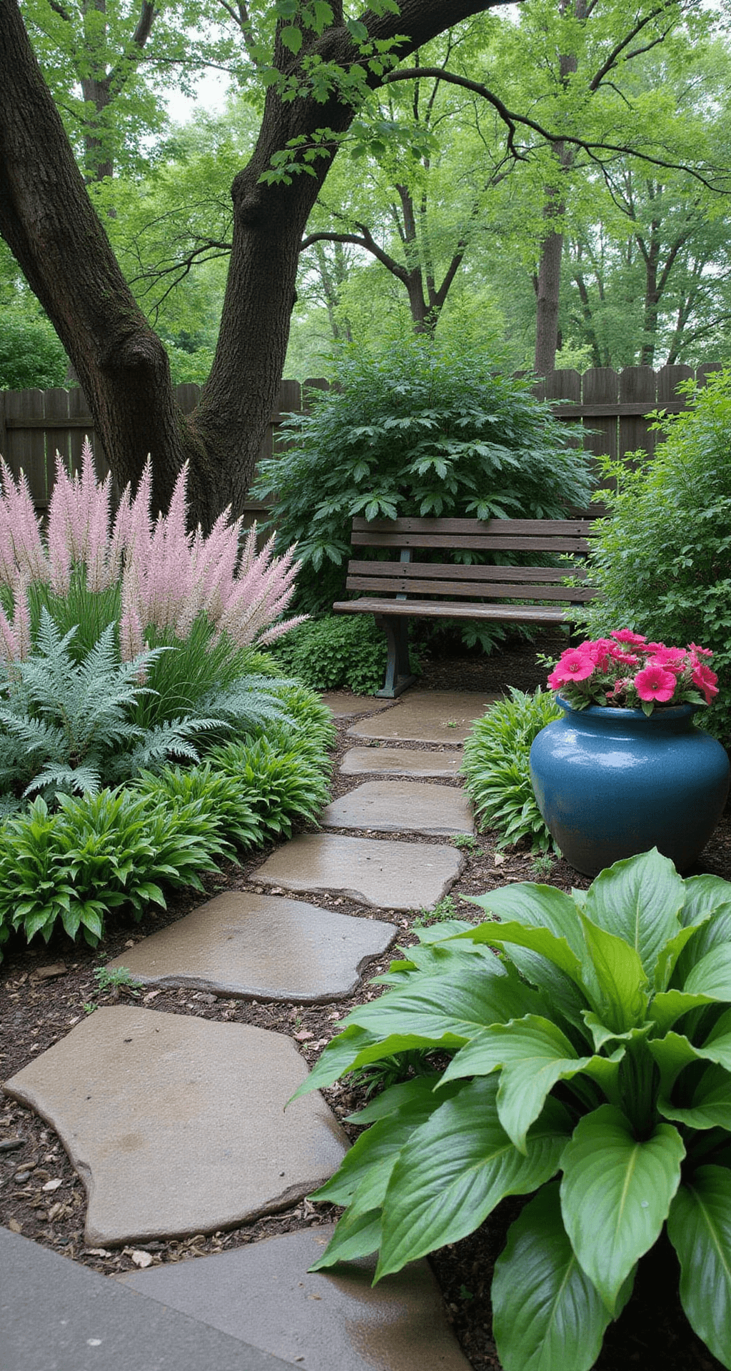 A tranquil shade garden with a flagstone path, lush hostas, astilbe plumes, and a blue-glazed pot of begonias, dappled light filtering through oak trees.