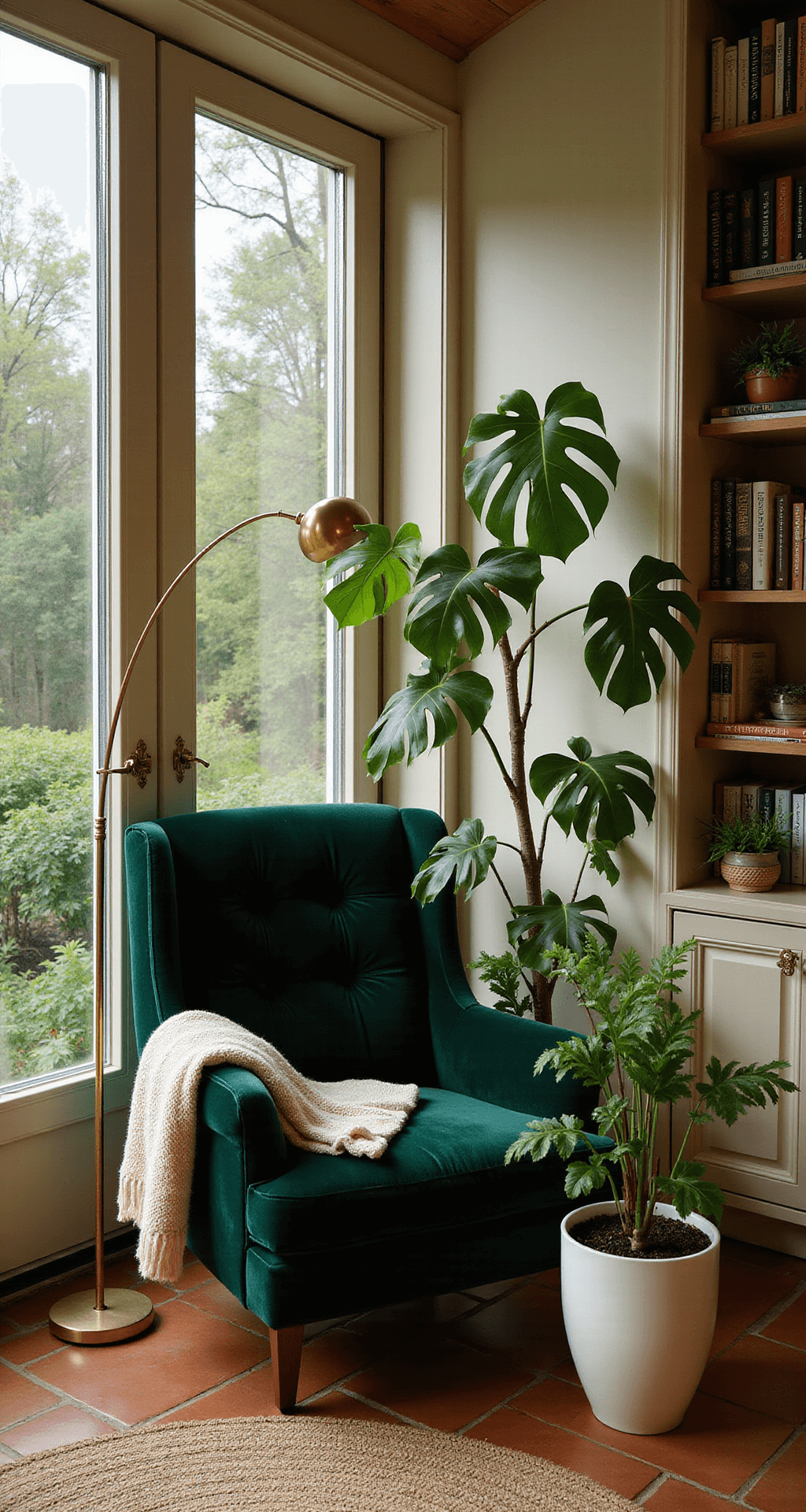 An intimate sunroom with floor-to-ceiling windows showcases a lush garden view. A deep forest green velvet armchair with a cream knit throw sits beside a brass floor lamp. A built-in bookshelf displays gardening books and potted ferns, while a round jute rug lies on terracotta tiles. A large Monstera deliciosa in a white ceramic pot serves as the focal point, with warm late afternoon light casting soft shadows and enhancing the tranquil atmosphere.