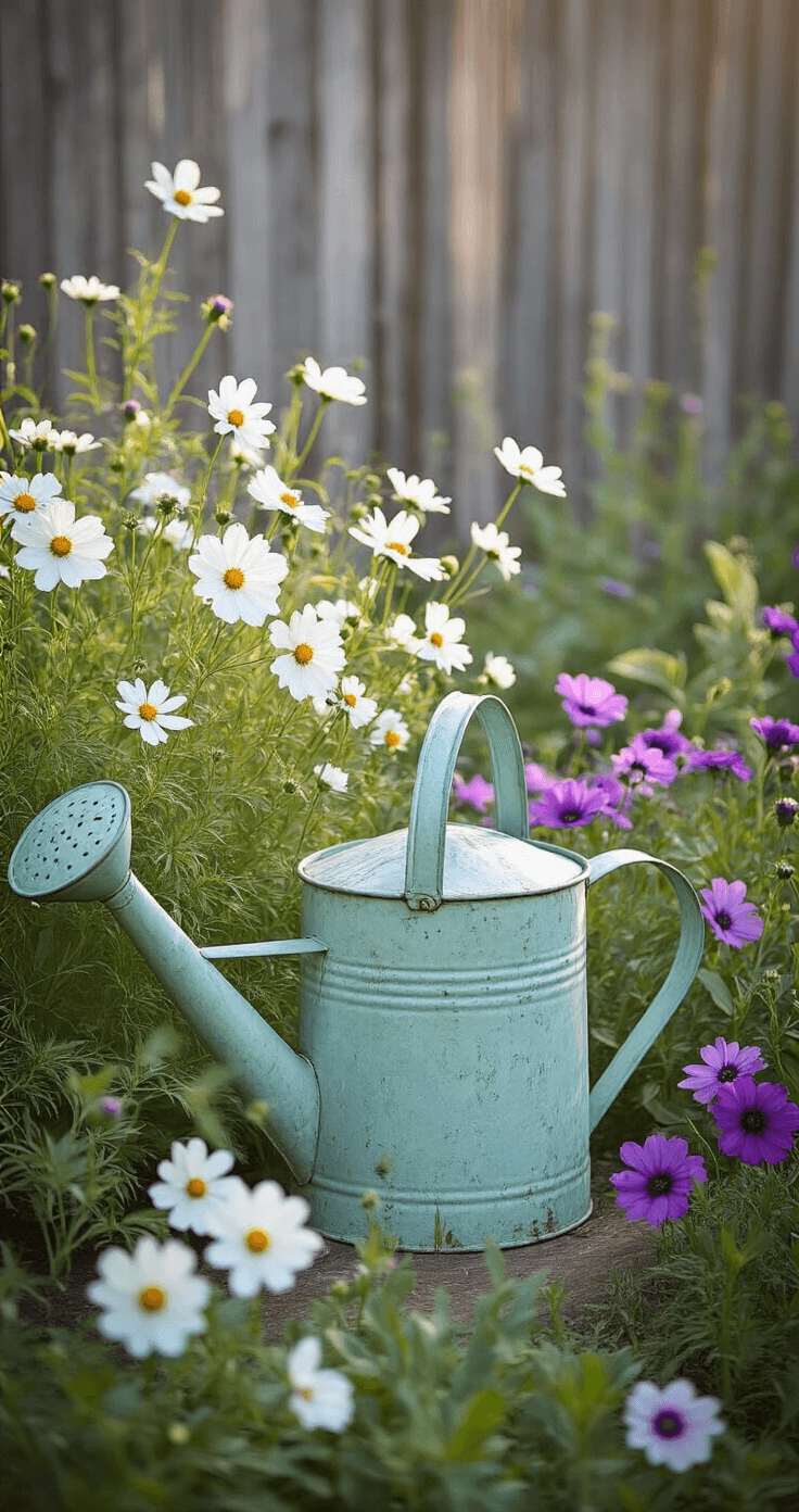 A vintage garden scene bathed in morning light features a distressed mint-green watering can among white cosmos and purple salvias, with dewdrops on petals and a weathered wooden fence in the background, all in soft pastels and deeper purple accents.