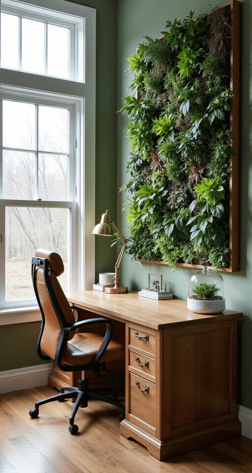 A serene home office featuring sage green walls, a large reclaimed oak desk, a living wall of ferns and pothos, a cognac leather ergonomic chair, and stylish desk accessories, all illuminated by soft, natural light from north-facing windows.