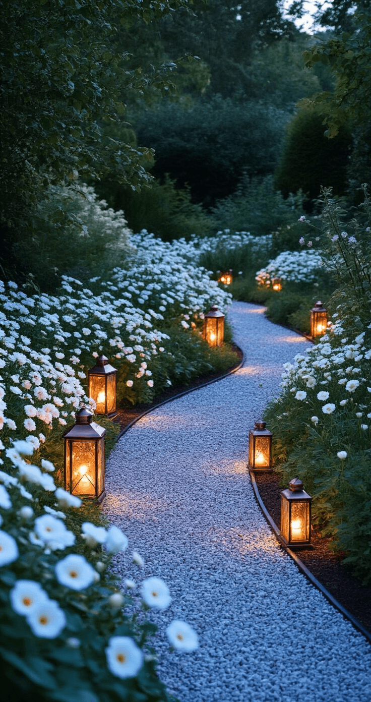 A twilight garden scene featuring a 15ft curved gravel pathway lined with white flowering plants, illuminated by copper solar lanterns, creating an ethereal glow. The image is taken from an elevated position, showcasing layered plantings that transition from ground covers to medium perennials to tall architectural plants, enhanced by cool blue evening light contrasting with warm copper fixtures, evoking a dreamy and mysterious atmosphere.