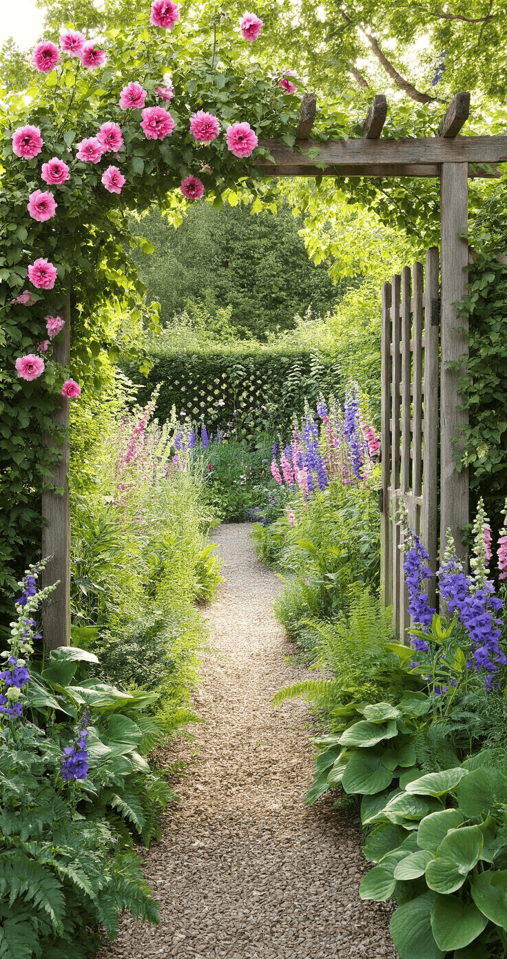 A sunlit cottage garden entrance featuring an antique wooden gate adorned with climbing roses, framing an informal border of vibrant foxgloves, delphiniums, and salvias in shades of pink, purple, and blue, with diverse textures from fine-leaved ferns to bold hostas, all illuminated by dappled light filtering through a tree canopy.