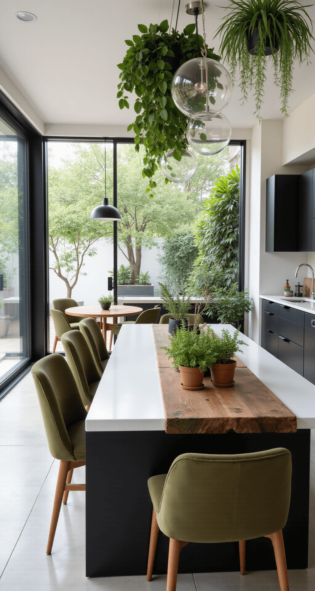 A bright, airy open-concept kitchen and dining area featuring matte black cabinetry, white quartz countertops, and a large island with herbs in terracotta pots. The rustic wooden dining table is surrounded by olive green velvet chairs, and a chandelier with glass globes hangs above. Large sliding glass doors lead to a shaded patio, with trailing plants adding greenery to the modern space.