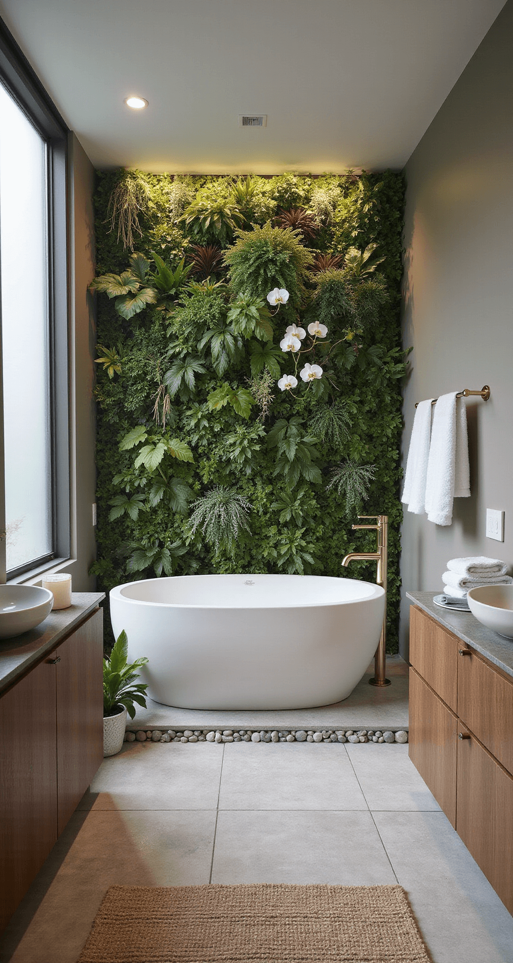 A luxurious master bathroom featuring a freestanding matte white oval bathtub near a large frosted window, surrounded by a lush living wall of ferns and orchids, with sleek walnut floating vanities, vessel sinks, and a pebble-inlaid shower area, all under soft ambient lighting.