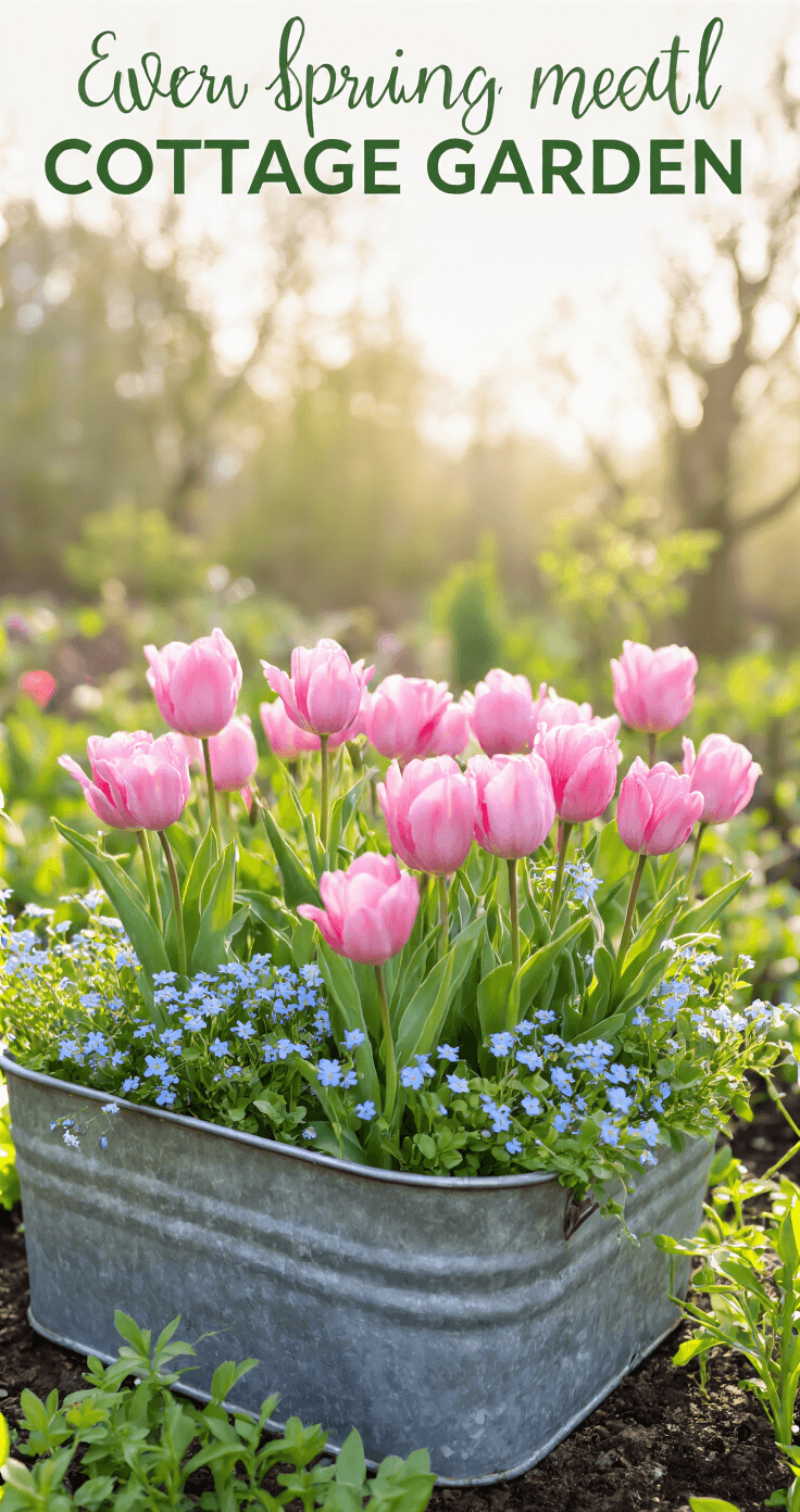 A low perspective view of a vintage galvanized metal trough filled with pink tulips and forget-me-nots in an early spring cottage garden, with soft green emerging perennial growth and various bulb varieties creating a colorful tapestry, illuminated by crisp morning light under a clear sky.
