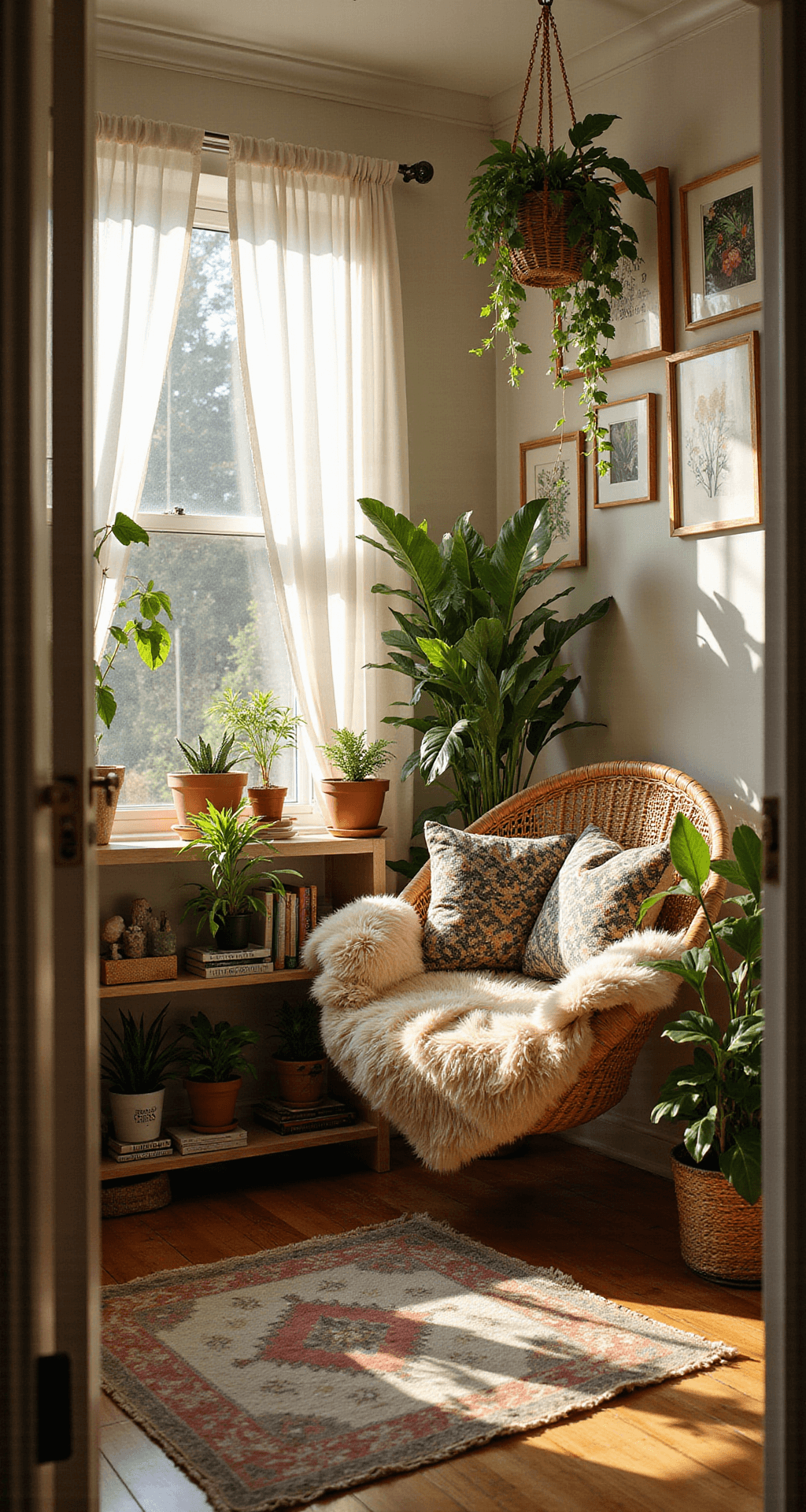 A cozy, boho-inspired 10x12 foot bedroom nook filled with potted plants, featuring a rattan hanging chair with a fuzzy throw, botanical prints on the walls, and a vintage Moroccan rug, all bathed in warm golden hour sunlight.