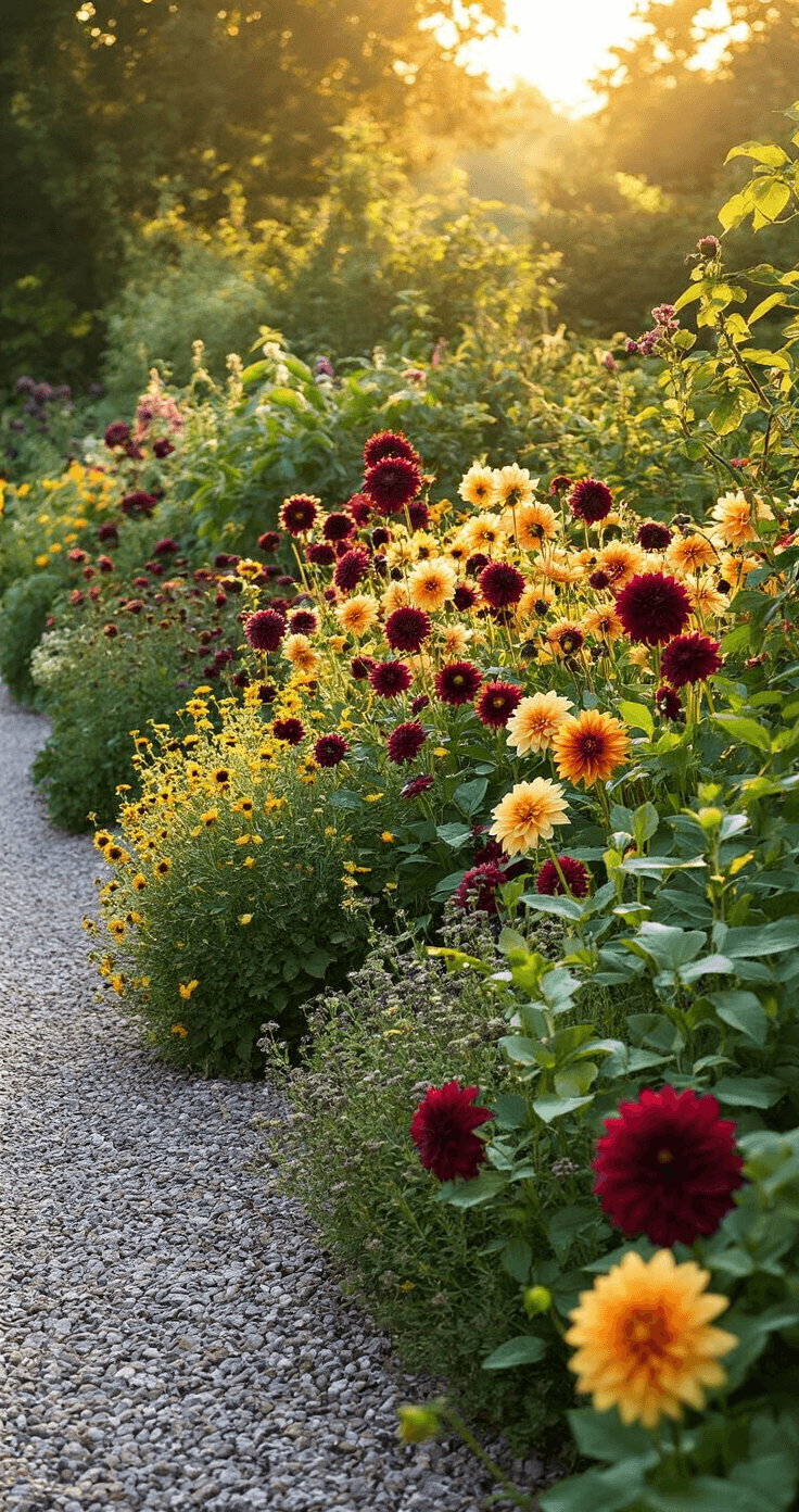 A late summer cottage garden in golden afternoon light, overflowing with vibrant dahlias, rudbeckias, and flowering herbs, captured from a slight elevation. The natural style features plants spilling onto a gravel path, showcasing a rich color palette of burgundy, gold, and deep purple.