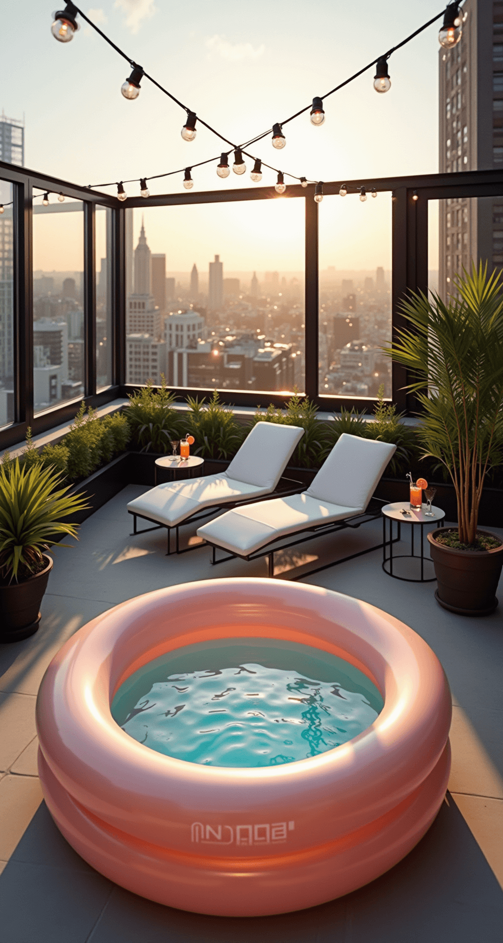 A chic urban rooftop terrace featuring a blush pink inflatable mini pool, surrounded by modern lounge chairs and colorful cocktails, with potted palms and succulents. String lights illuminate the space during the golden hour, capturing a stunning cityscape backdrop.