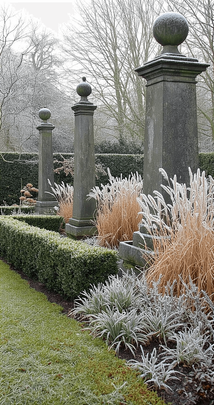 An eye-level view of a winter cottage garden featuring weathered obelisks, clipped boxwood, and ornamental grasses under overcast light. Frost-covered seed heads and dried perennial stalks add texture, creating a moody atmosphere with subtle winter colors.