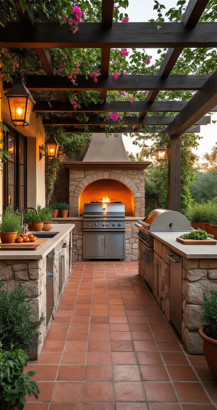 A luxurious Mediterranean outdoor kitchen at golden hour, featuring a covered space with a wooden pergola, terracotta tiled floor, a curved stone island with a stainless steel grill, and a wood-fired pizza oven. Warm copper lanterns provide ambient light, and weathered olive wood cutting boards with fresh herbs in terracotta pots are in the foreground, captured from a low angle with rich bokeh effect.