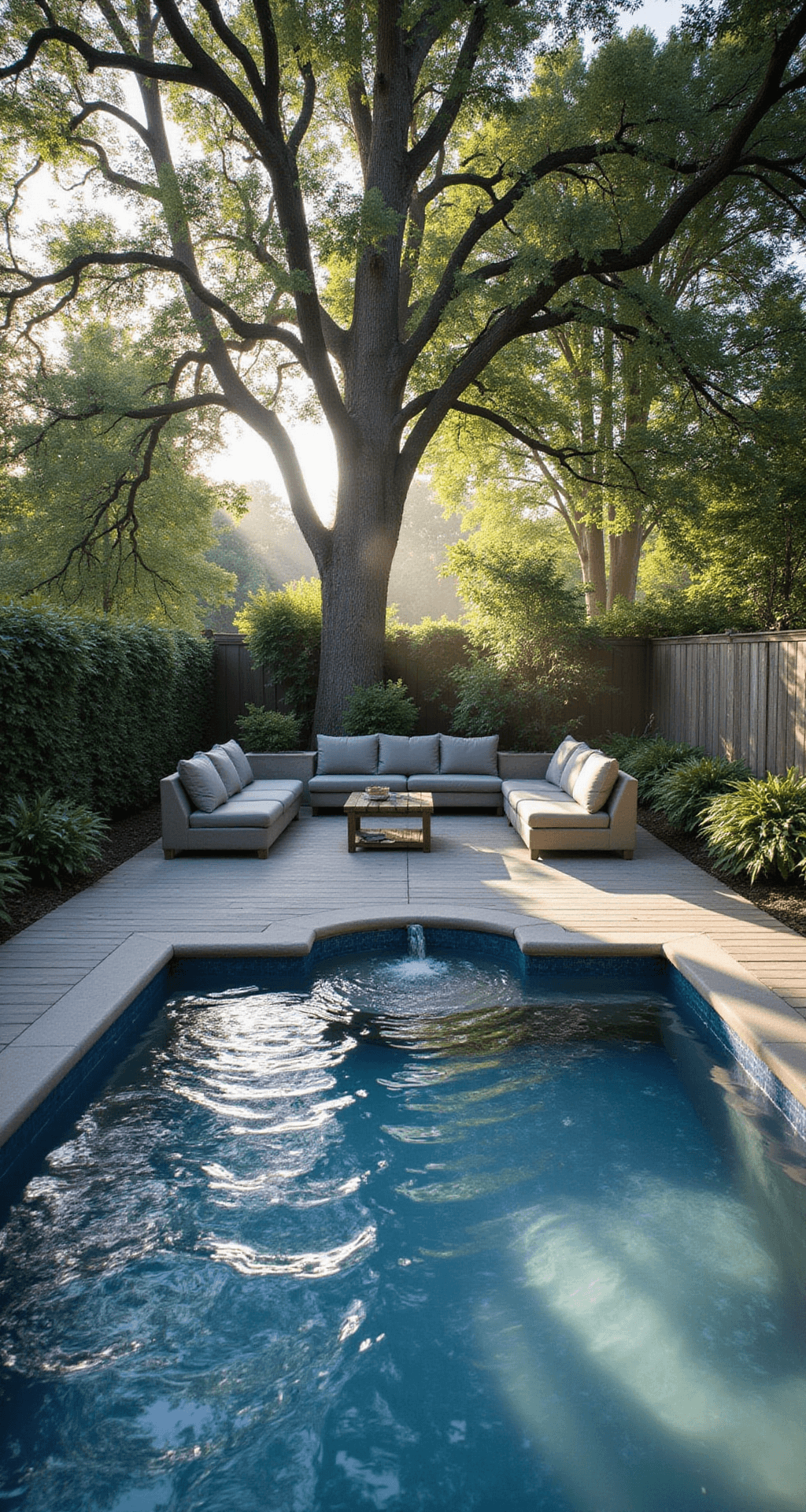 A compact suburban backyard features a sapphire blue Leisure Pools' Fiji Plunge pool with steam rising from the heated water, surrounded by composite decking and built-in bench seating with plush waterproof cushions. Lush ferns and hostas border the area, while a small waterfall trickles into the pool. The low-angle shot captures soft, diffused morning light filtering through mature oak trees, reflecting gently on the water's surface, creating a serene and private retreat atmosphere.