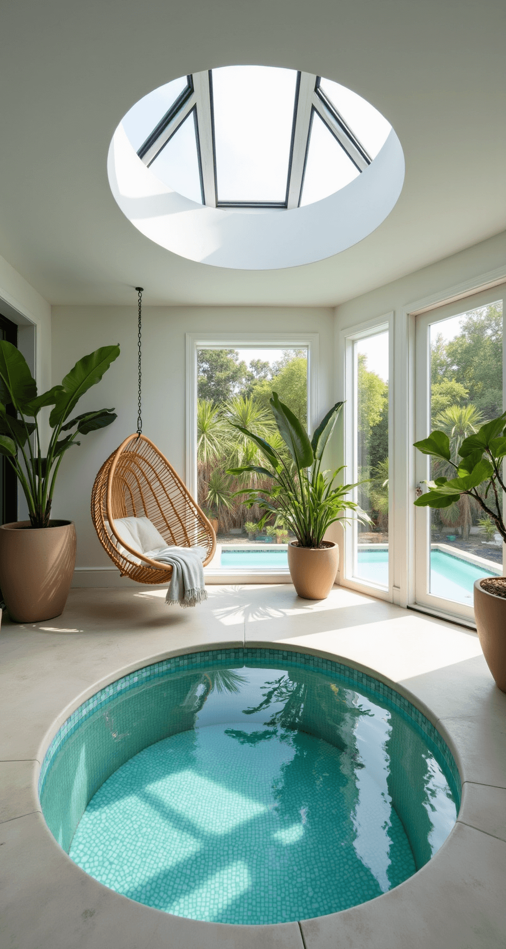 A luxurious indoor sunroom featuring floor-to-ceiling windows and skylights, showcasing a custom MiniPools™ plunge pool with an aqua and turquoise mosaic tile interior. The polished concrete flooring and minimalist white walls enhance the bright, airy atmosphere, while a rattan hanging chair draped with a fluffy towel and tropical plants in large ceramic pots contribute to the tranquil spa-like vibe.