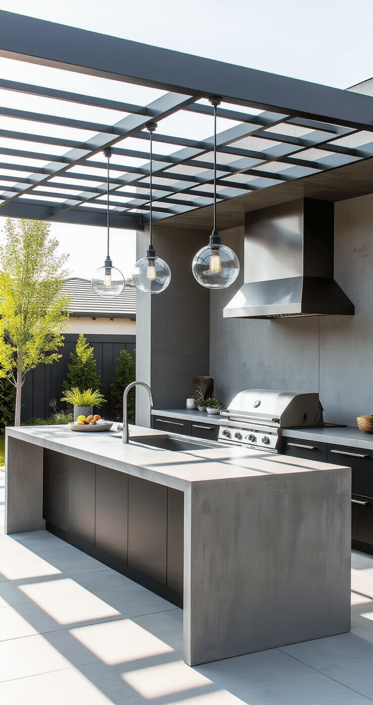 Minimalist outdoor kitchen under a floating metal pergola with a monochromatic grey palette, featuring sleek concrete countertops, matte black cabinets, a centered island with a stainless steel grill, glass pendant lights, and chrome accents.